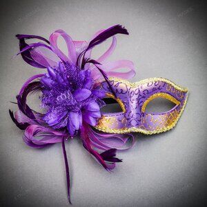 Venetian Purple Side Mesh Flower Gold Glitter Women Eyes Masquerade Face Mask